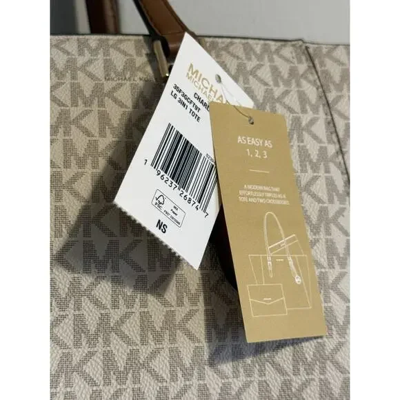 MICHAEL KORS CHARLOTTE LG 3 IN 1 TOTE SHOULDER BAG + CLUTCH MK VANILLA/BROWN - Picture 10 of 13